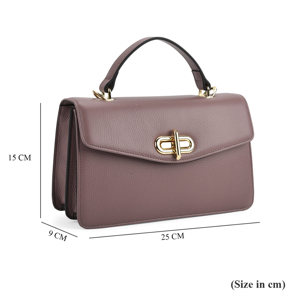 Designer Inspired Closeout Deal - Genuine Leather Structured Top Handle Satchel with Gold-Tone Lock - Taupe_7730141_6