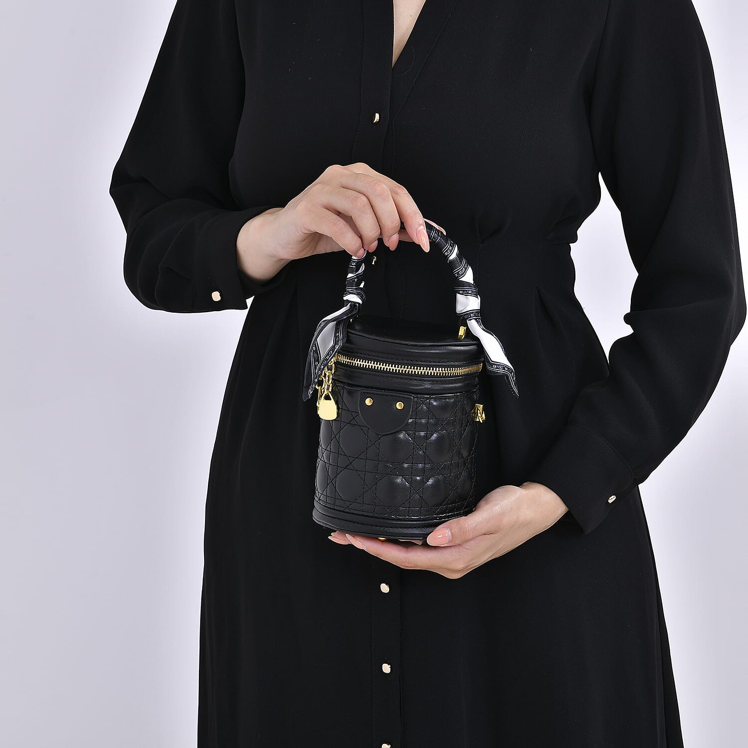 Designer Inspired Crossbody Scarf Bucket Bag with Detachable Shoulder Strap - Black 7730332 3