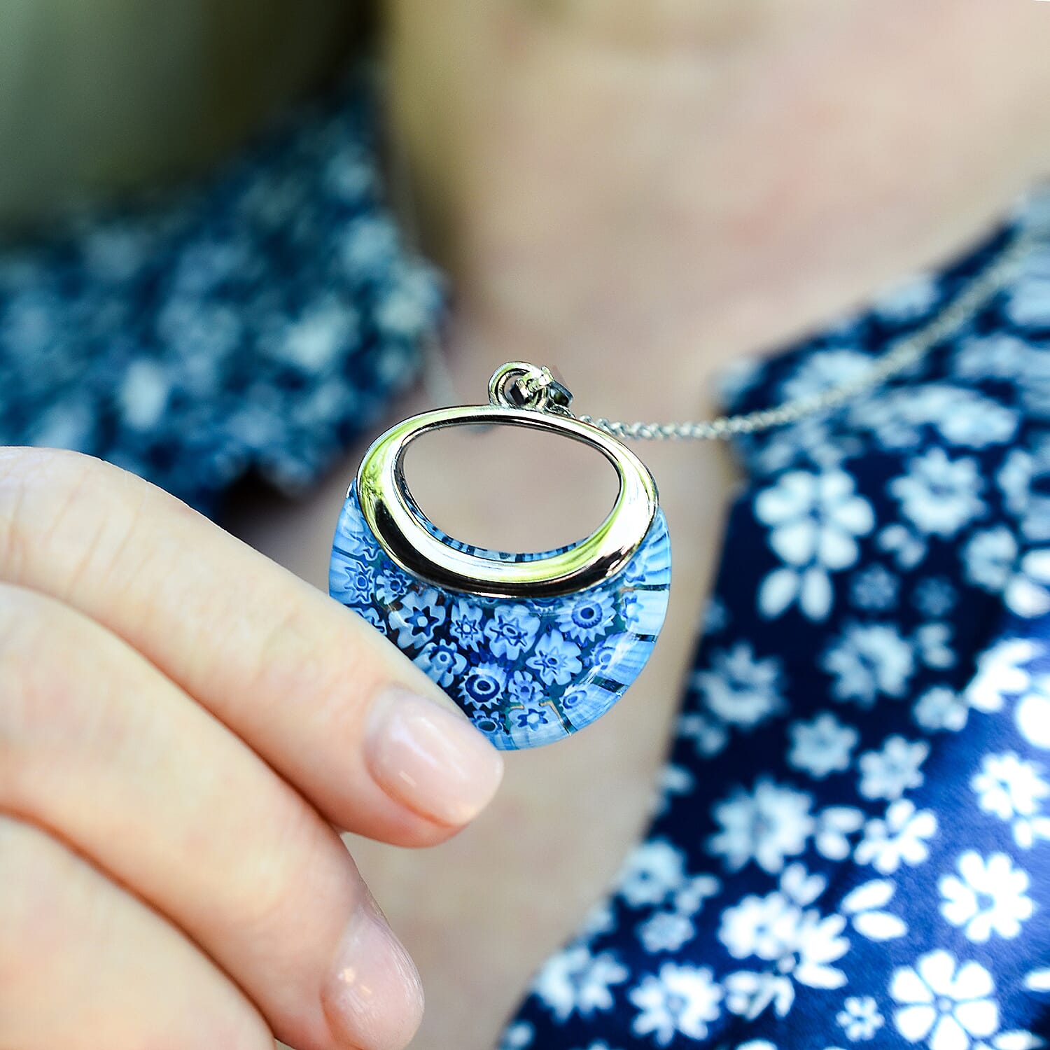 Blue Colour Murano Style Necklace (Size - 24) Pure White Stainless Steel V32531213 2