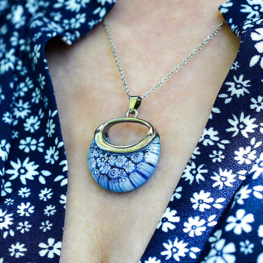 Blue Color Murano Glass  Necklace (Size - 24) Pure White Stainless Steel