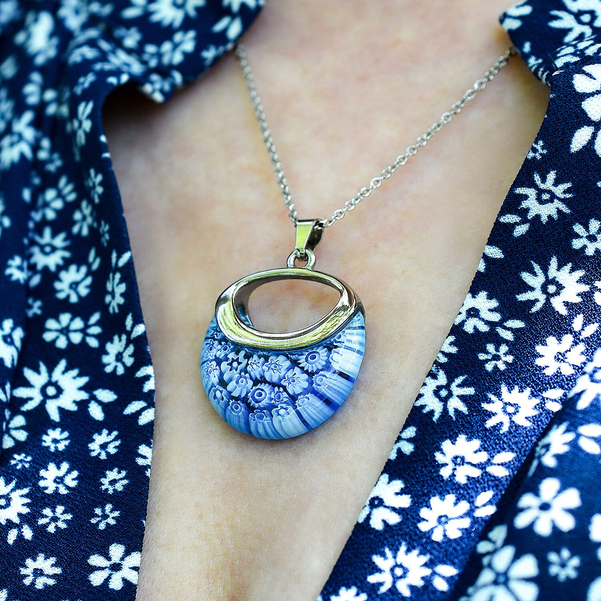 Blue Colour Murano Style Necklace (Size - 24) Pure White Stainless Steel V32531213 3