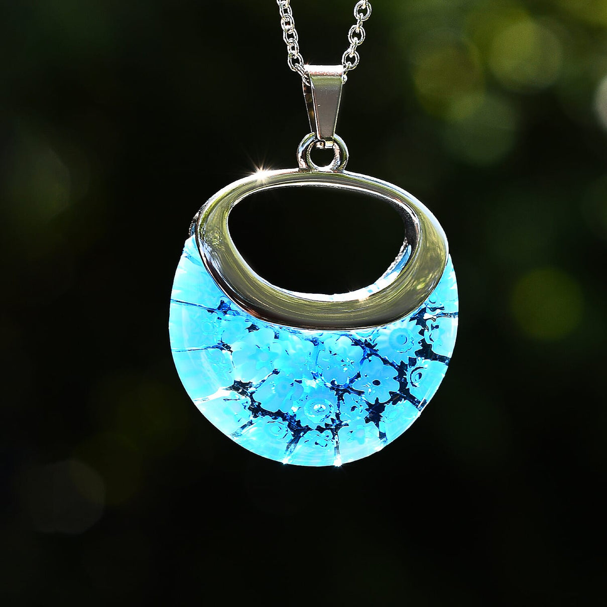 Blue Colour Murano Style Necklace (Size - 24) Pure White Stainless Steel V32531213 4