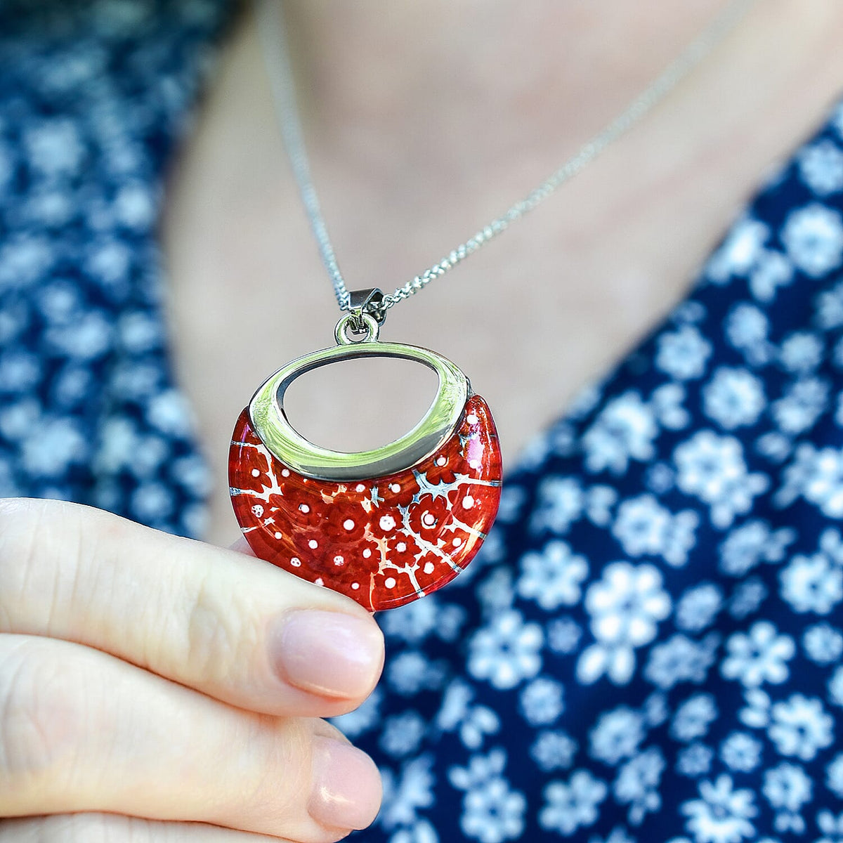 Red Colour Murano Style Necklace (Size - 24) Pure White Stainless Steel V32530010 2