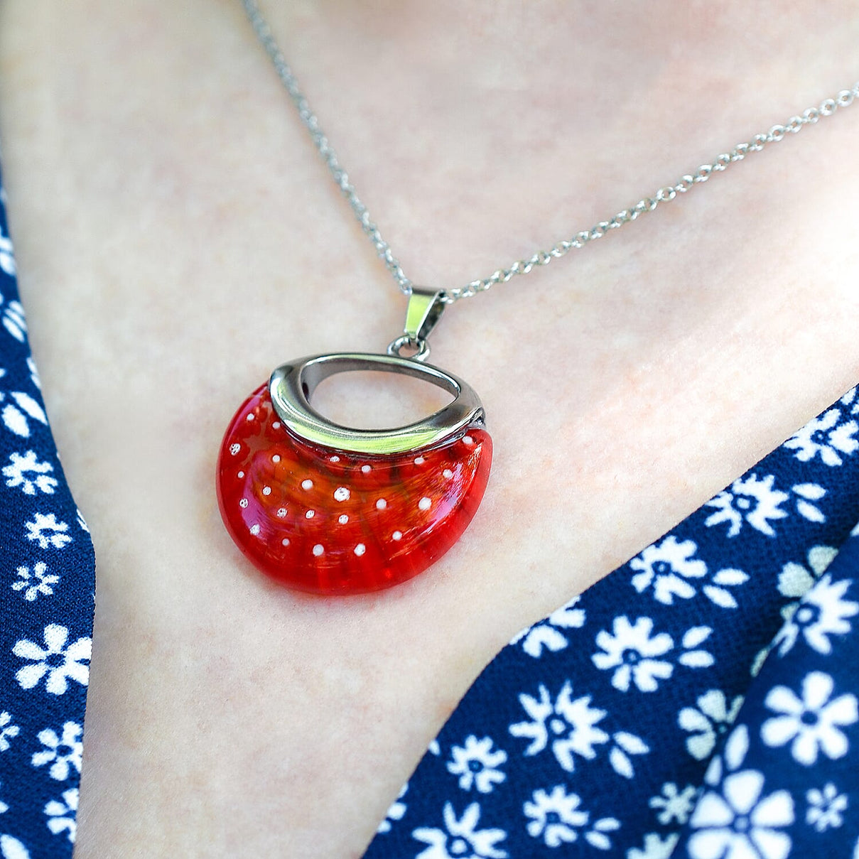 Red Colour Murano Style Necklace (Size - 24) Pure White Stainless Steel V32530010 3