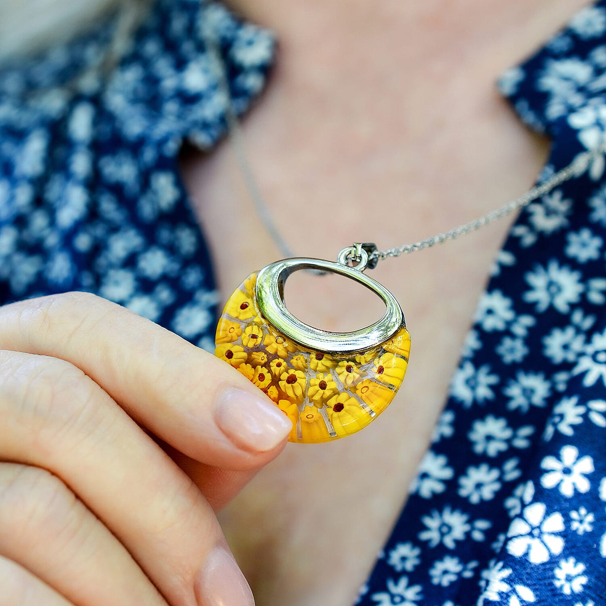 Yellow Colour Murano Style Necklace (Size - 24) Pure White Stainless Steel V32529866 2