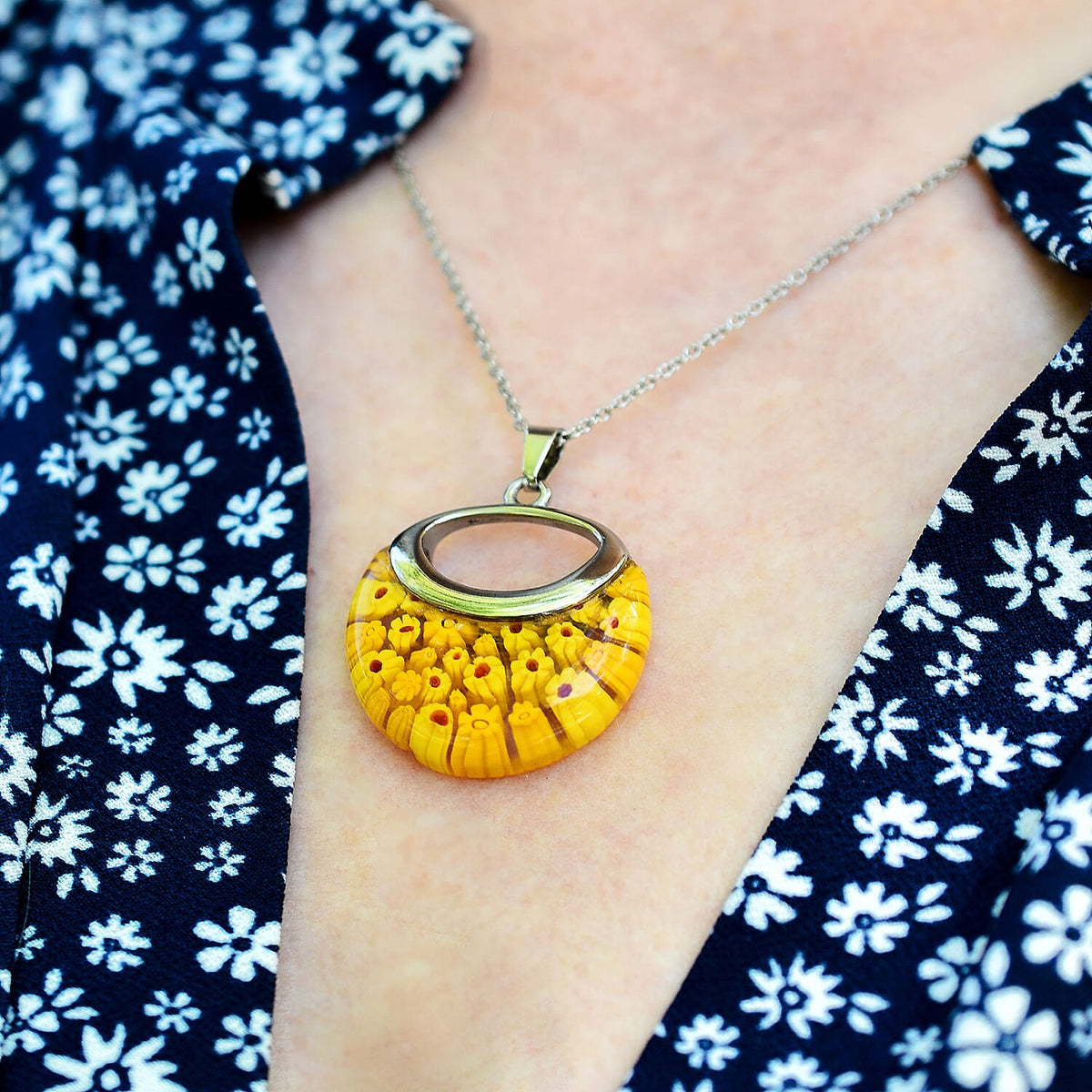 Yellow Colour Murano Style Necklace (Size - 24) Pure White Stainless Steel V32529866 3