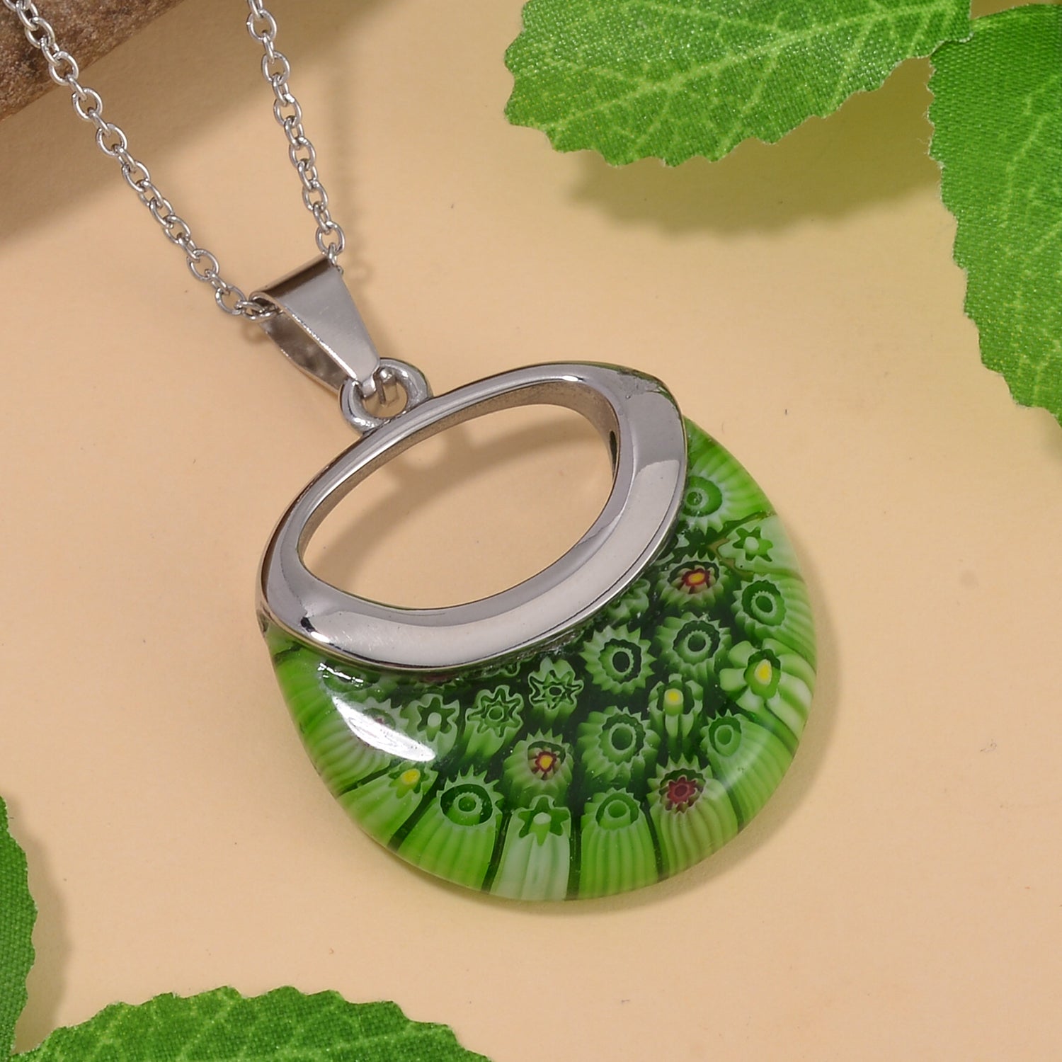 Green Colour Murano Style Necklace (Size - 24) Pure White Stainless Steel V32533461 3