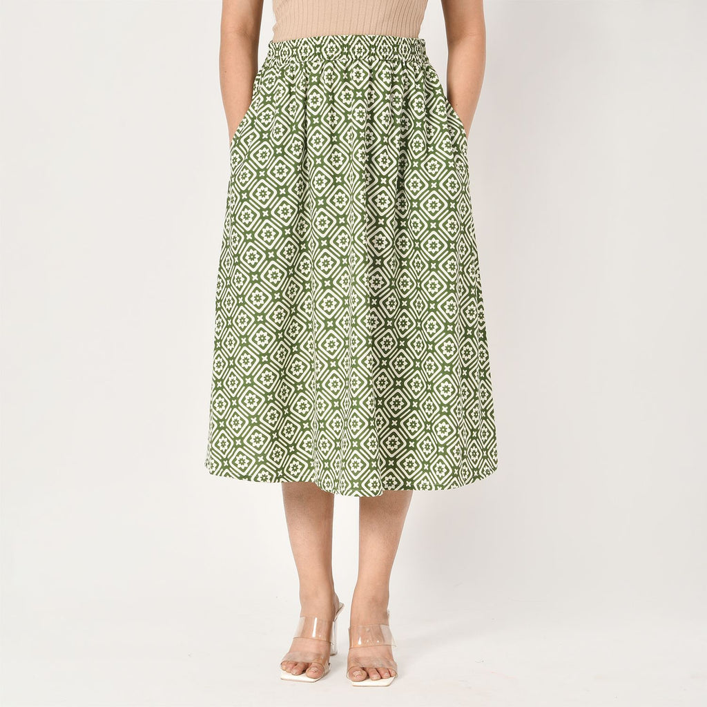 TAMSY 100% Viscose Geometric Pattern Skirt with Elastic Waist (Size XXL 24 - 26) - Green_7744987_2
