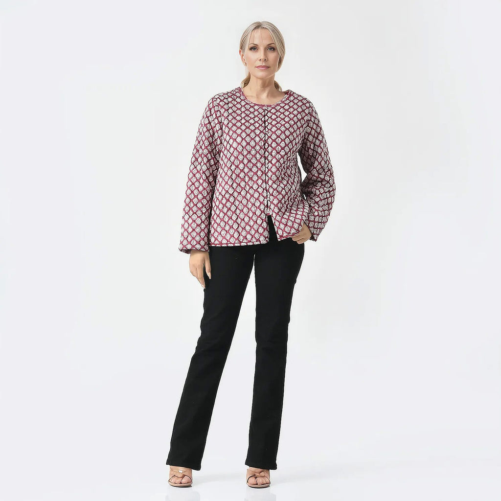 LA-MAREY pure cotton block print Jacket (Size S - 8 to 10) - Burgundy & White_7748053