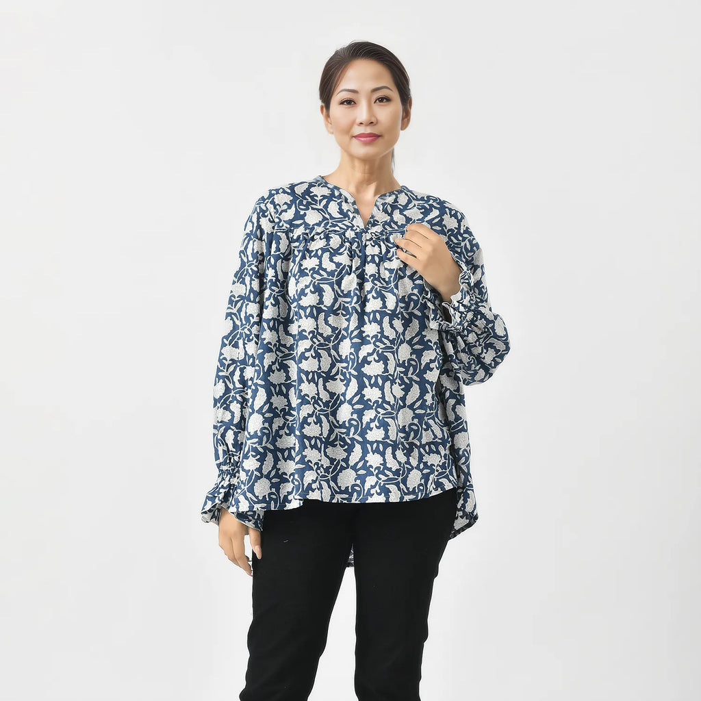 LA-MAREY Pure Cotton Block Print Blouse (Size M - 12 to 14) - Navy & White_7748292