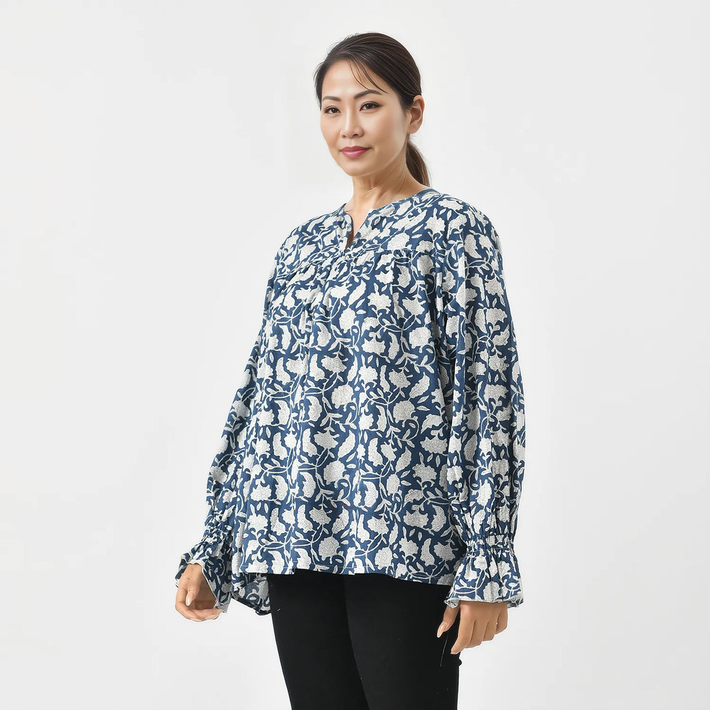 LA-MAREY Pure Cotton Block Print Blouse (Size M - 12 to 14) - Navy & White_7748292_2