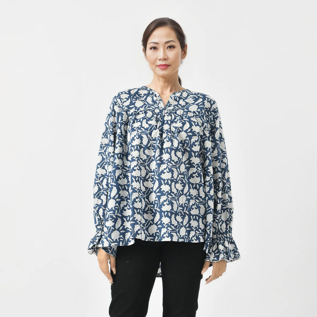 LA-MAREY Pure Cotton Block Print Blouse (Size M - 12 to 14) - Navy & White_7748292_3