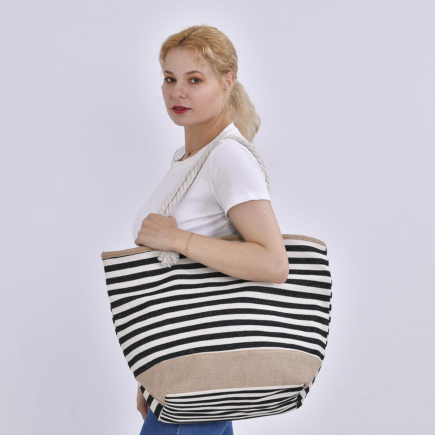 Multi-Purpose Striped Stylish Tote Bag - Black &amp; White 7748395 2