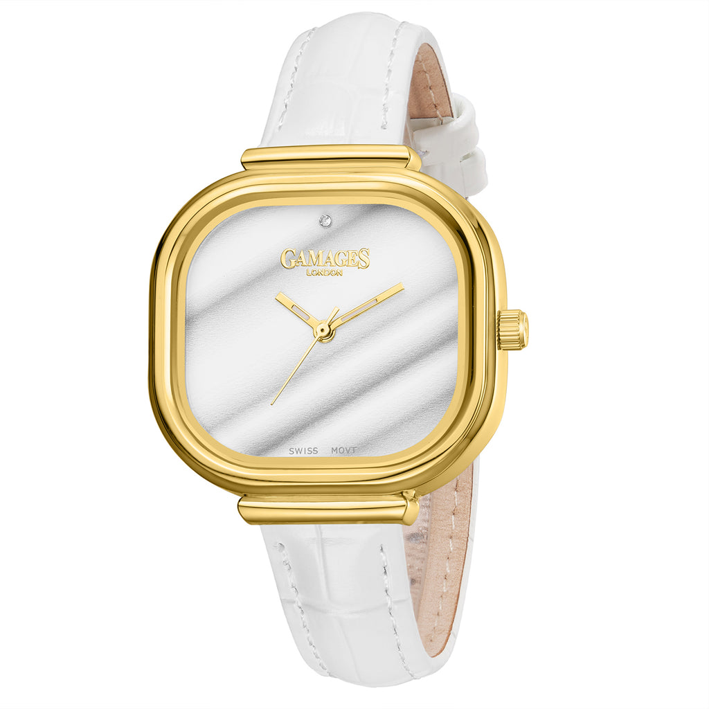 Gamages Of London Limited Mirror Diamond Swiss Quartz Movt. 30m Water Resistant Ladies Watch with White Leather Strap_7749279_3
