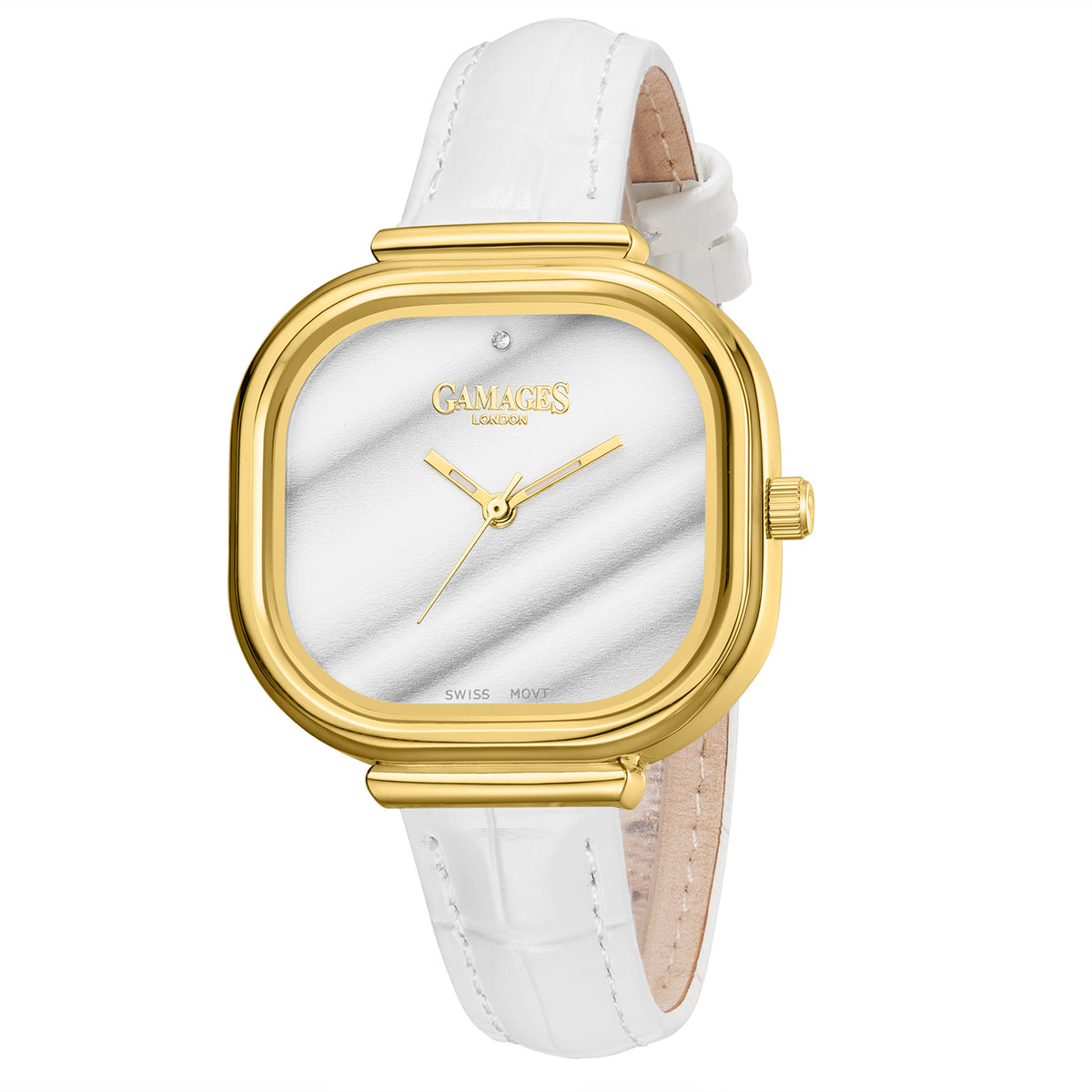 Gamages Of London Limited Mirror Diamond Swiss Quartz Movt. 30m Water Resistant Ladies Watch with White Leather Strap V32531118 3