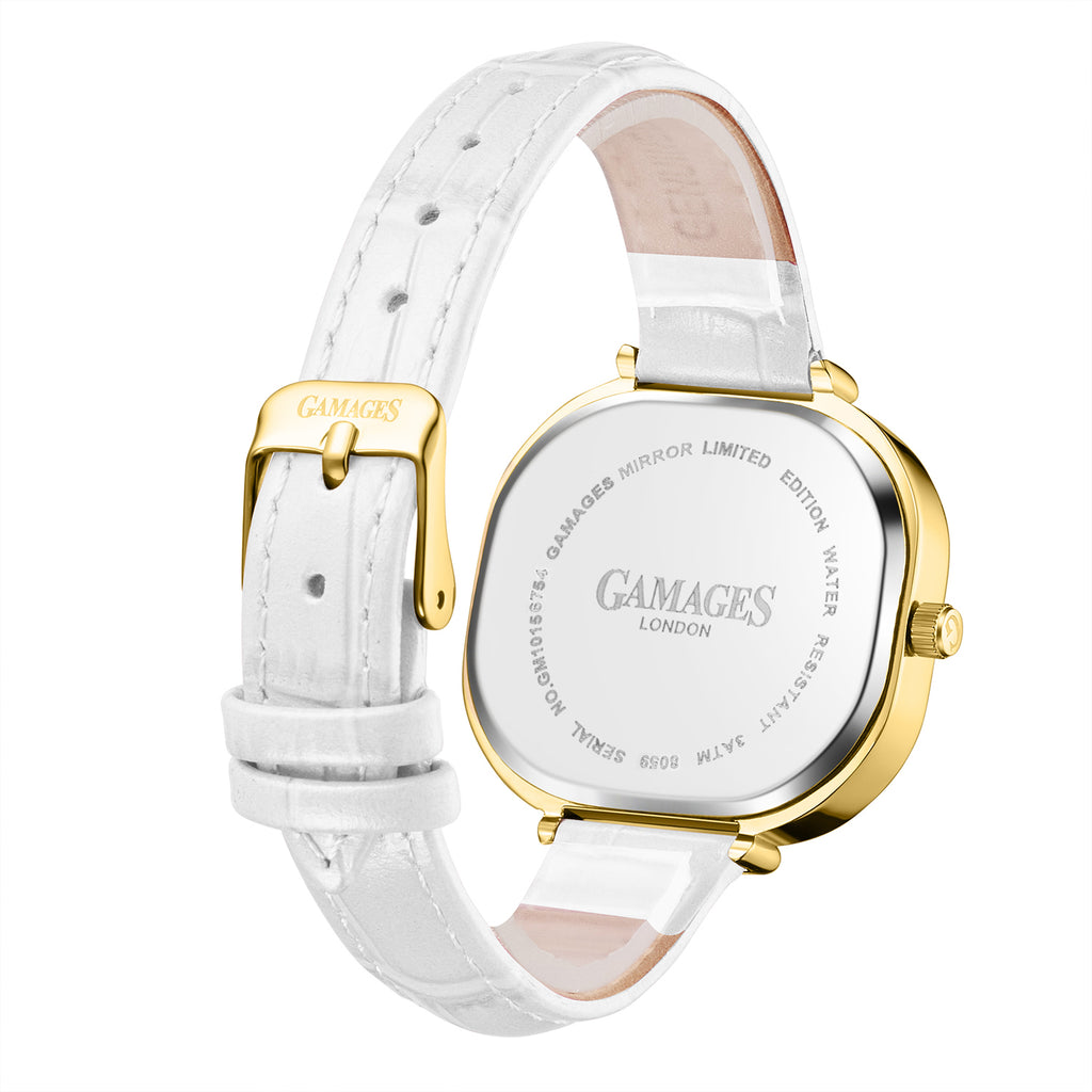 Gamages Of London Limited Mirror Diamond Swiss Quartz Movt. 30m Water Resistant Ladies Watch with White Leather Strap_7749279_4