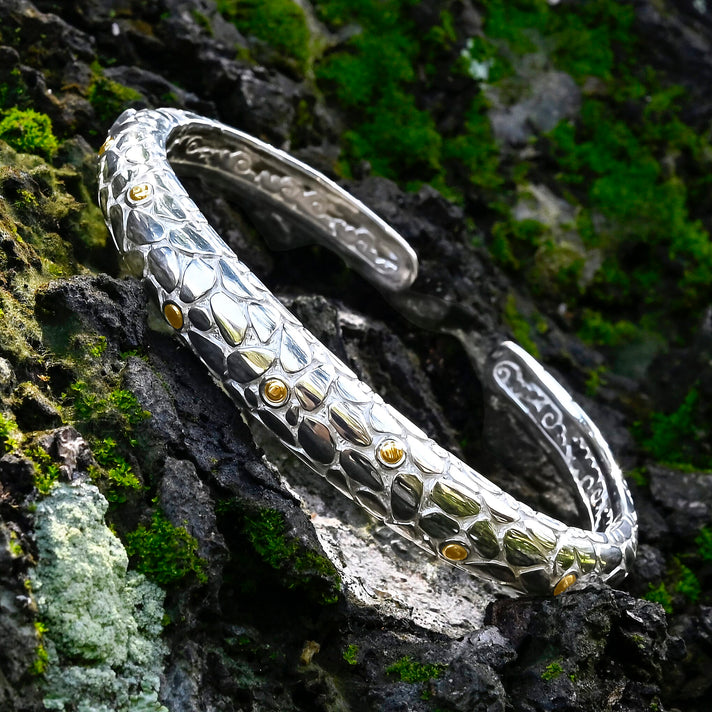 Royal Bali Collection - Sterling Silver Cuff Bangle (Size 7) in 18K Yellow Gold &amp; Silver Plated 7750123 2