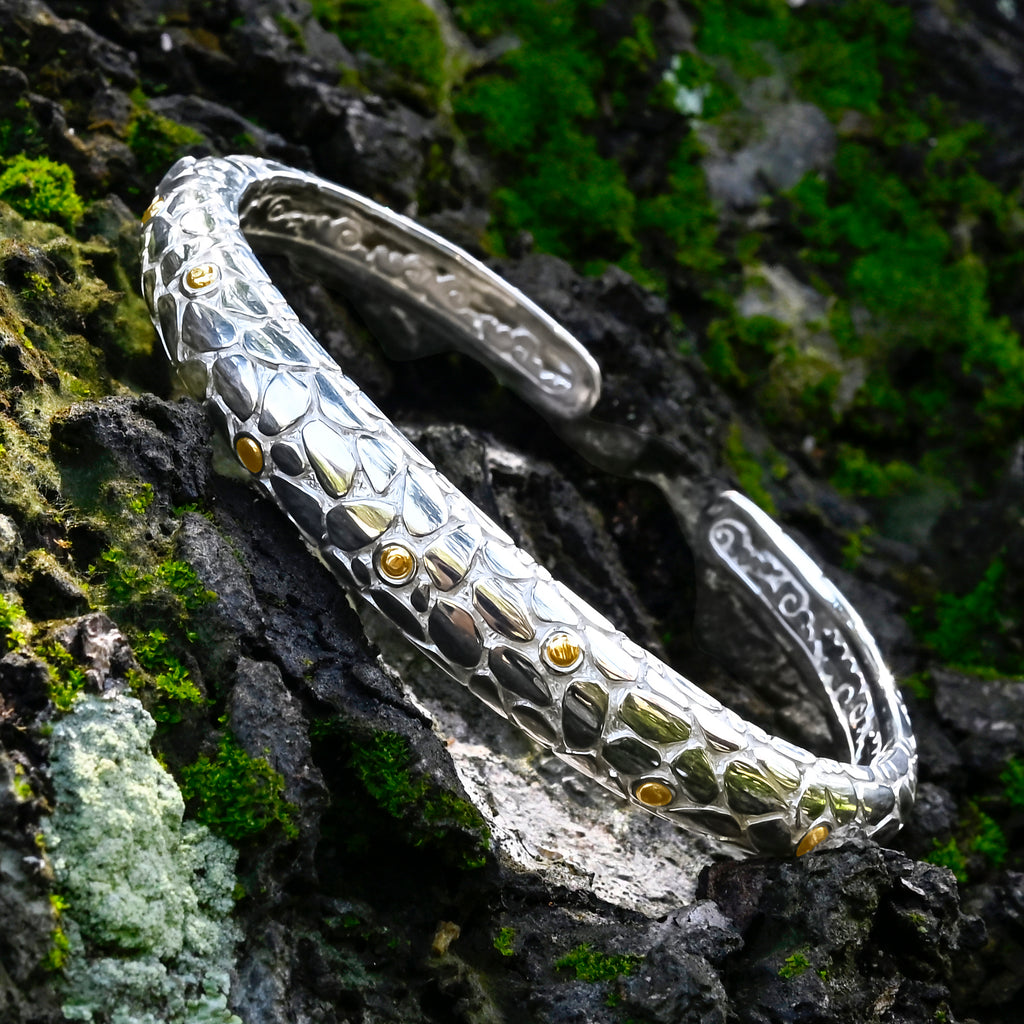 Royal Bali Collection - Sterling Silver Cuff Bangle (Size 8) in 18K Yellow Gold & Silver Plated_7750125_1