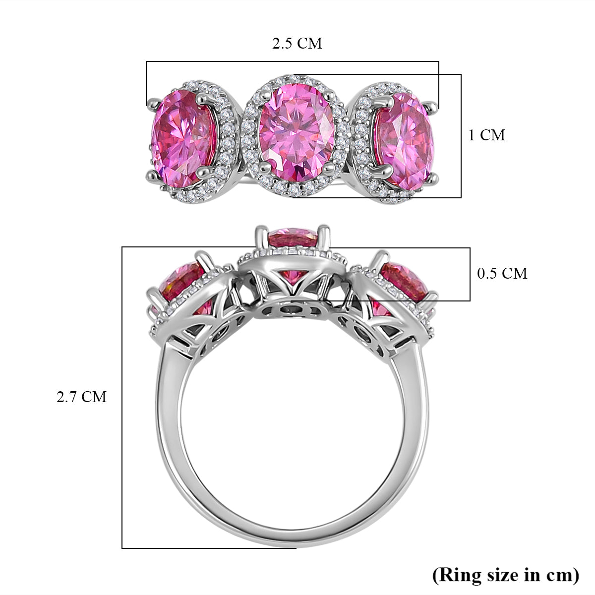4.4 Ct. Pink Moissanite Halo, Trilogy Ring in Rhodium Sterling Silver V32639500 5