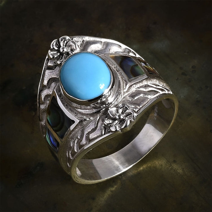 Sleeping Beauty Turquoise &amp; Abalone Shell Ring Sterling Silver 2.17 Ct, Silver Wt. 6.00 Gms. 7752789 2