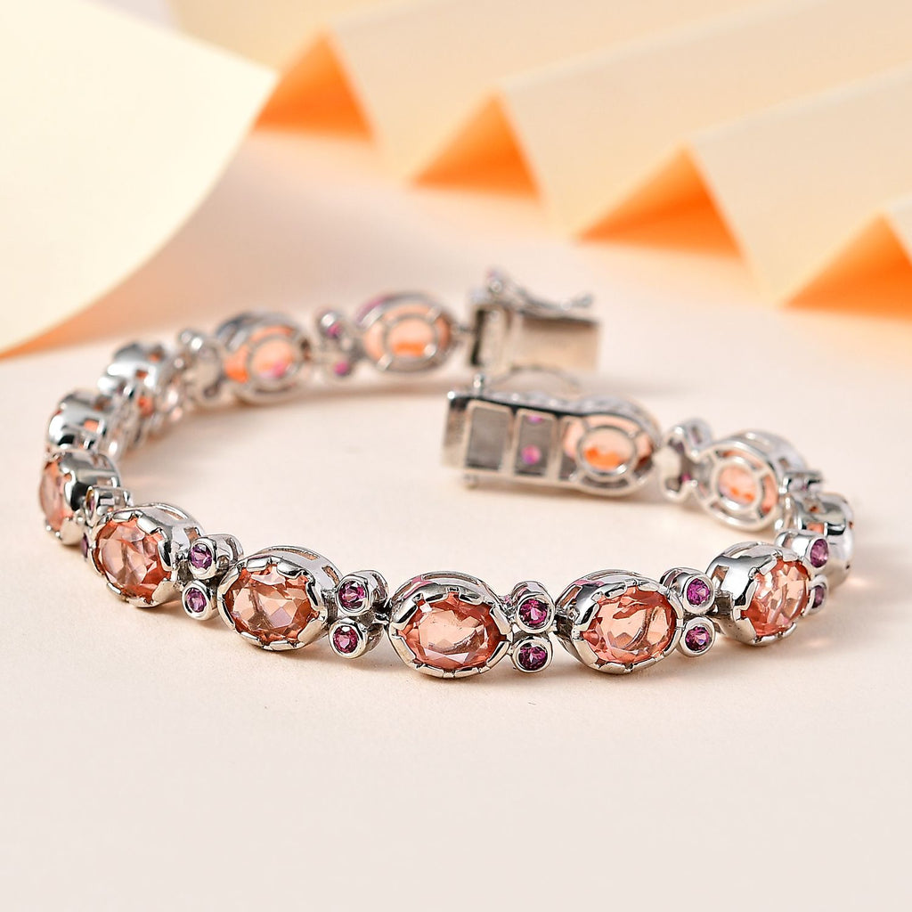 Morganite Colour Quartz & Lotus Garnet Bracelet (Size 7.5) GB Lock Box in Platinum Overlay Sterling Silver 23.26 Ct, Silver Wt 21.14 Gms._7756368_1