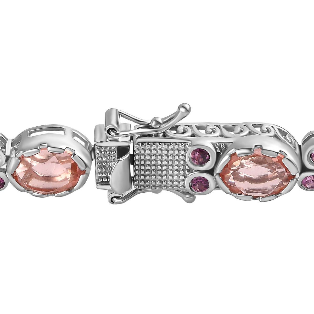 Morganite Colour Quartz &amp; Lotus Garnet Bracelet (Size 7.5) GB Lock Box in Platinum Overlay Sterling Silver 23.26 Ct, Silver Wt 21.14 Gms. V32609351 9