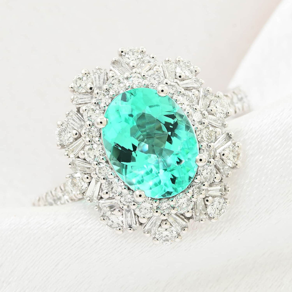 Chairman Vault Collection - Certified and Appraised RHAPSODY 950 Platinum AAAA Paraiba Tourmaline and Diamond E-F VS Floral Ring 2.70 Ct 7756444 2