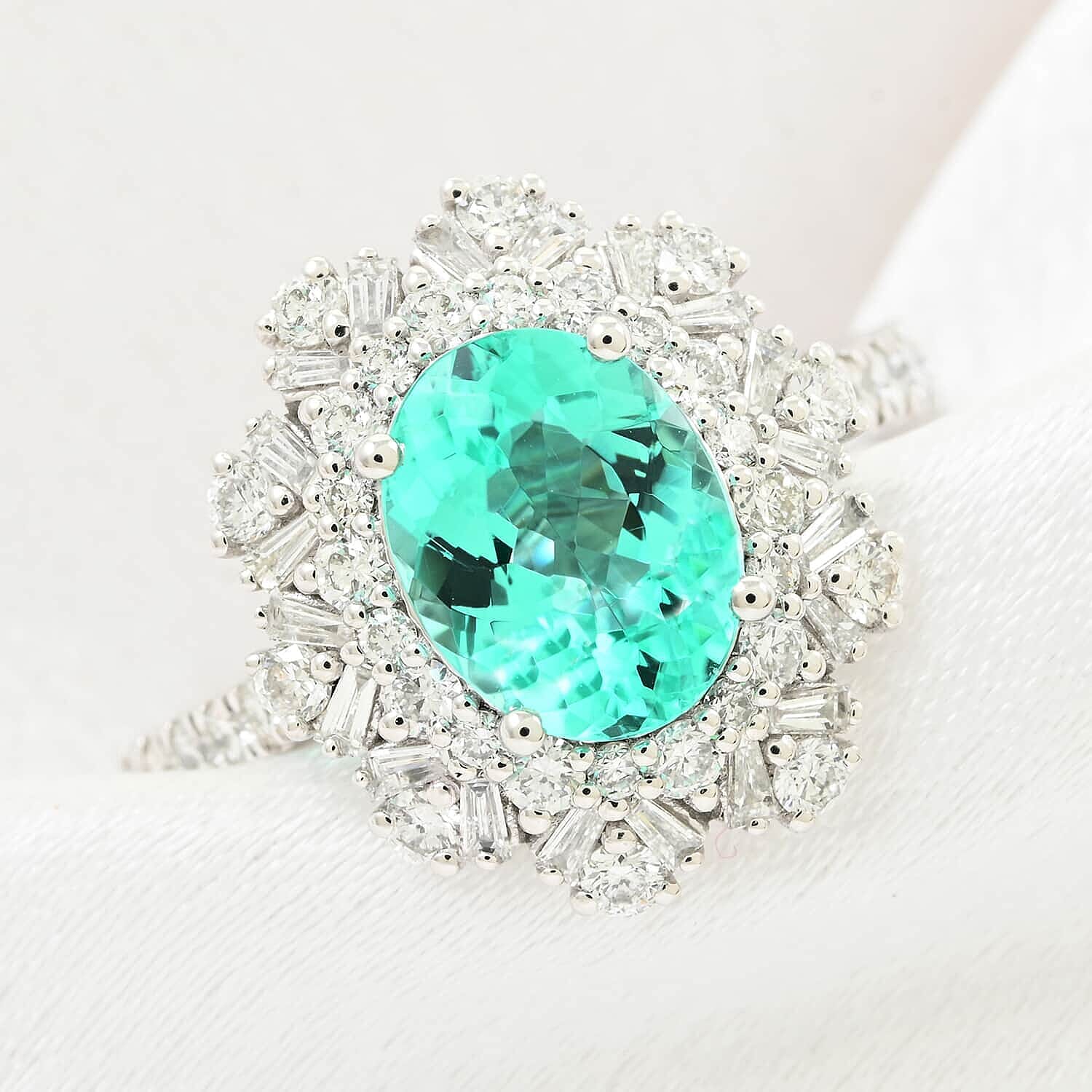 Chairman Vault Collection - Certified and Appraised RHAPSODY 950 Platinum AAAA Paraiba Tourmaline and Diamond E-F VS Floral Ring 2.70 Ct 7756444 2