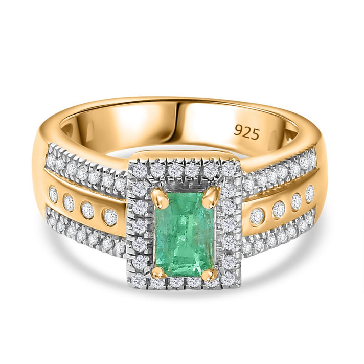 Emerald, White Zircon Halo Ring in 18K Vermeil YG Plated Sterling Silver 1.82 ct, Silver 7757608 1