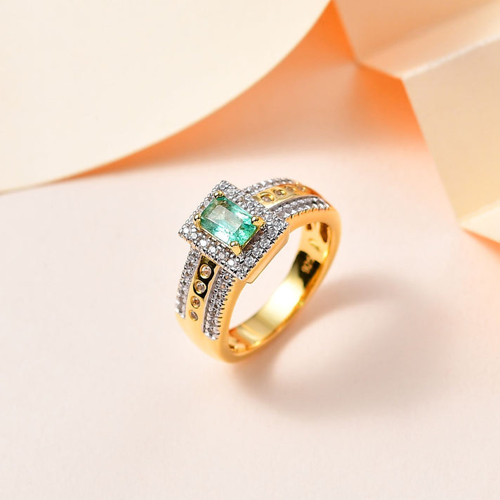 Emerald, White Zircon Halo Ring in 18K Vermeil YG Plated Sterling Silver 1.82 ct, Silver 7757608 2