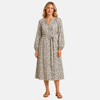 Ikat Print Elasticated Cuff Sleeve Dress with Bottom Slit (Size XL, 20-22) - Black_7758722