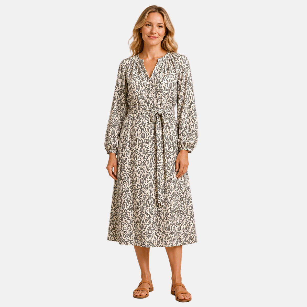 Ikat Print Elasticated Cuff Sleeve Dress with Bottom Slit (Size XL, 20-22) - Black 7758722 0