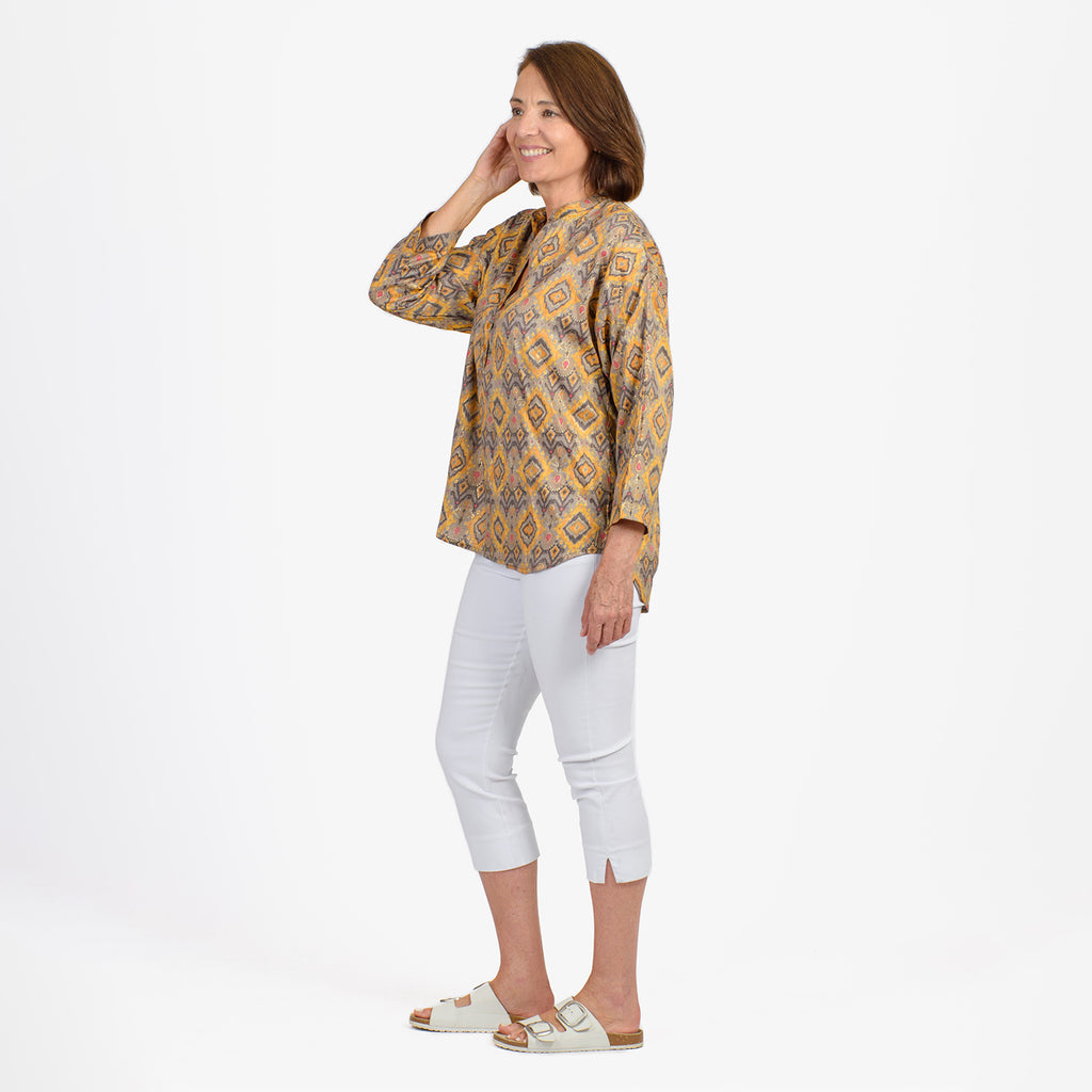 Adonai - Womens Viscose Ikat Print Woven Blouse (Size L) - Yellow_7758746_1