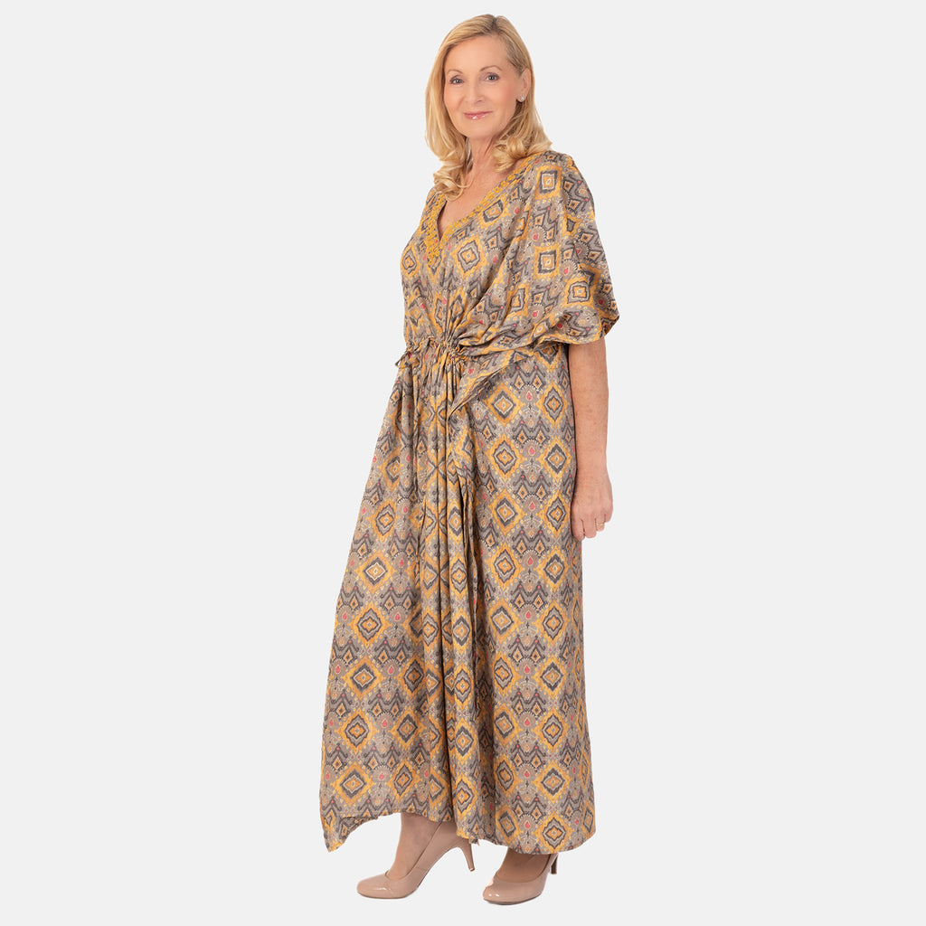 Bohemian Ikat Print Kaftan Dress - Yellow_7758766