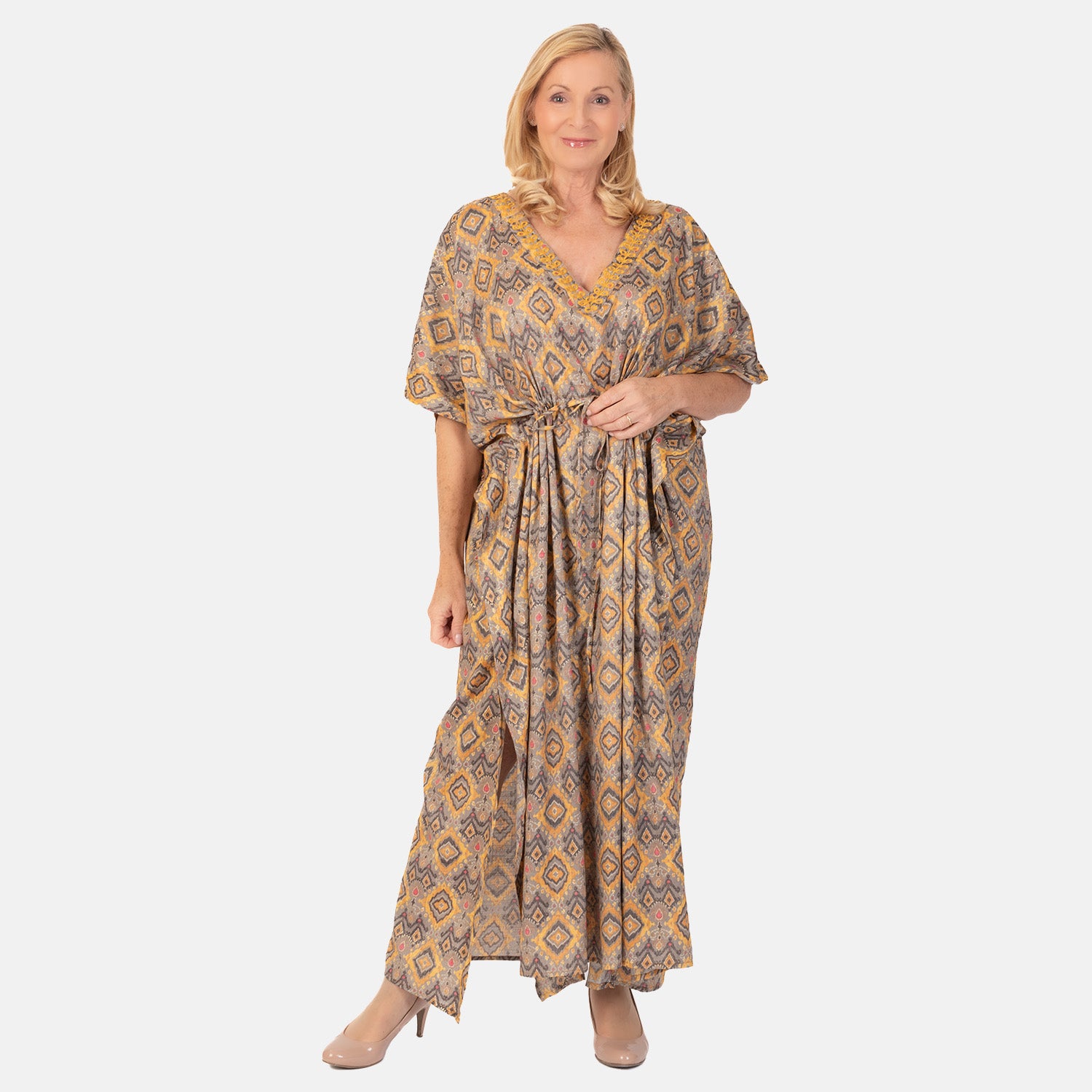 Bohemian Ikat Print Kaftan Dress - Yellow 7758766 1