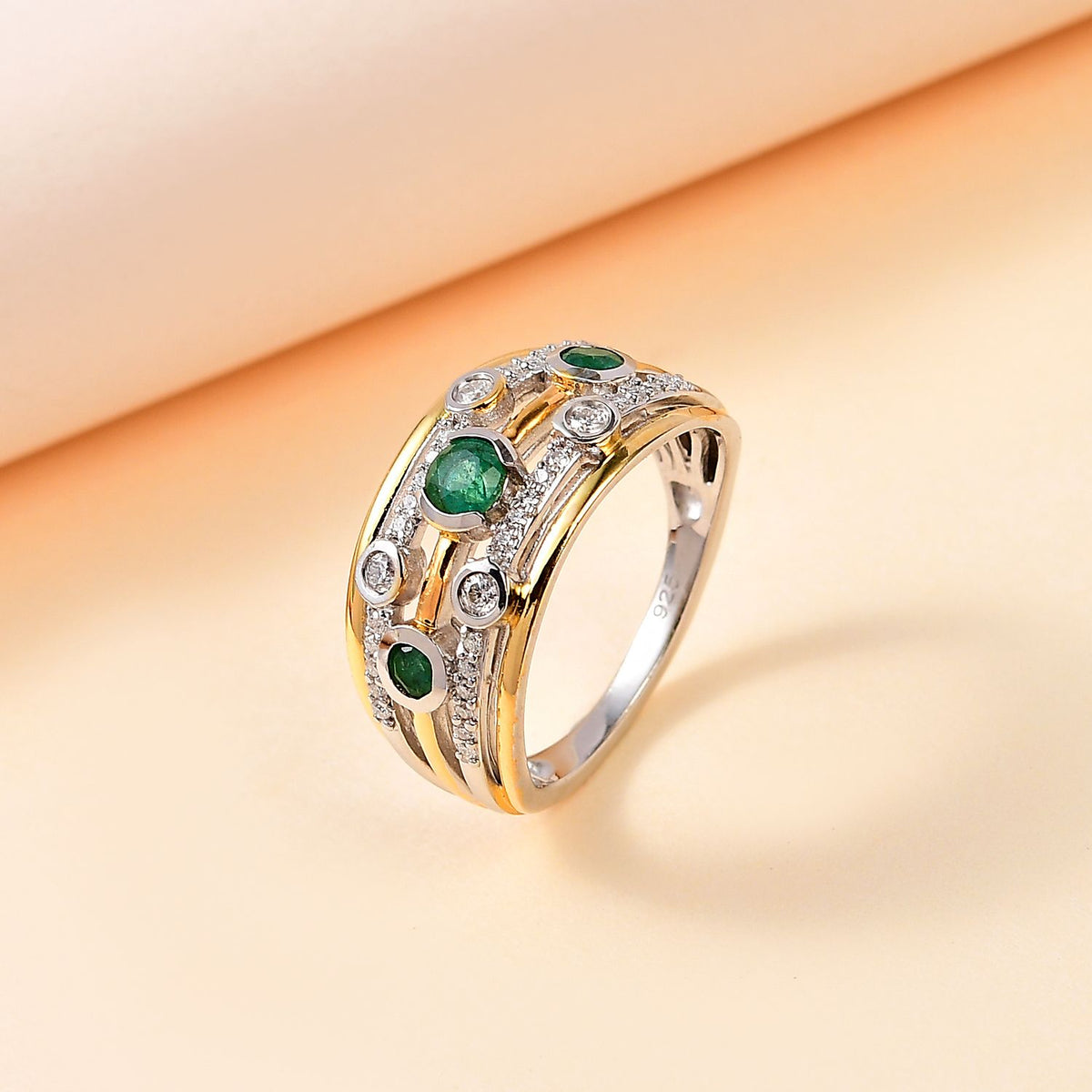 Premium Emerald and Moissanite Bubble Multi Row Ring in 18K Vermeil Yellow Gold and Platinum Plated Sterling Silver, Silver Wt. 5.27 Gms V32597169 2