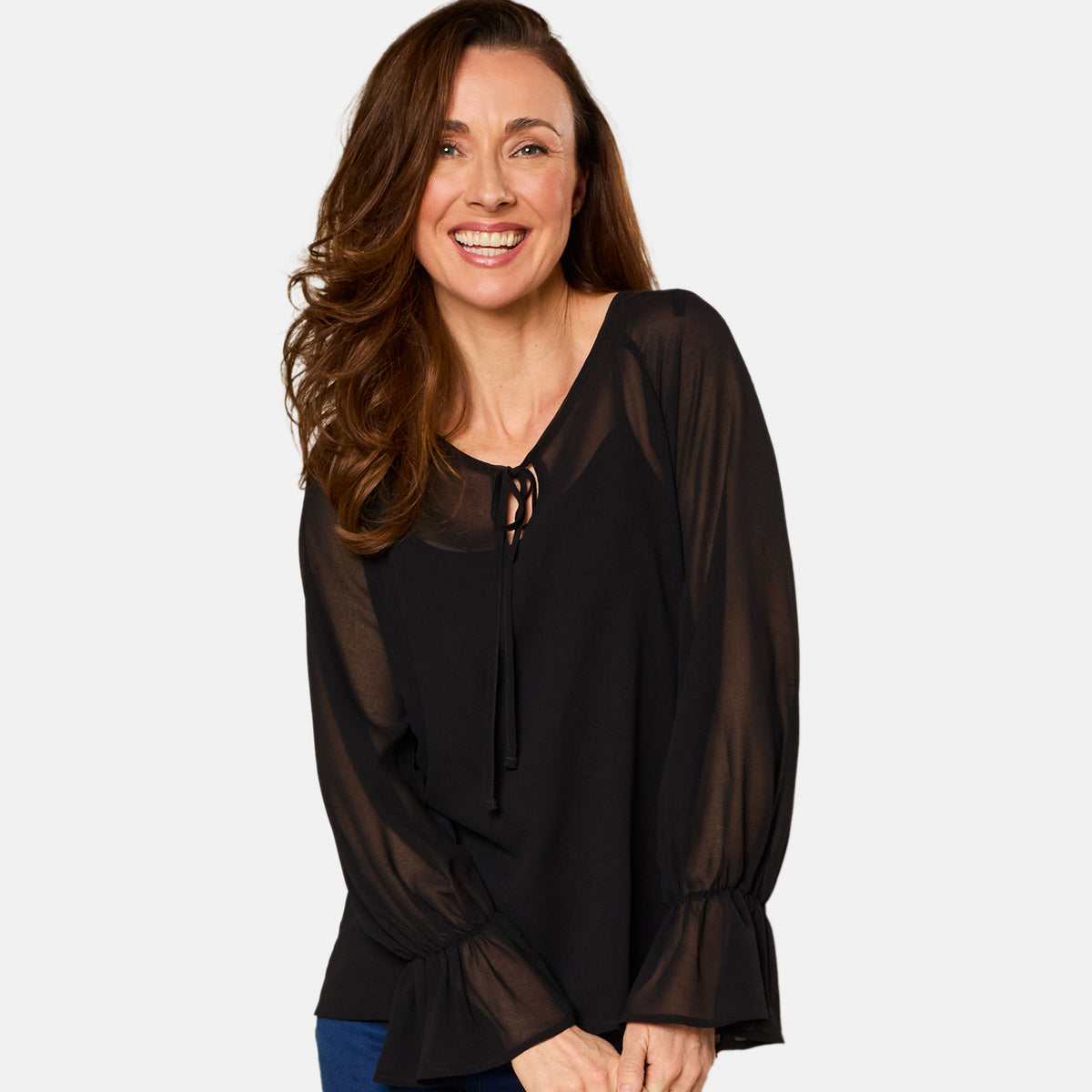 EMRECO 2-in-1 Long Sleeve Sheer Frill Top V32563279 2
