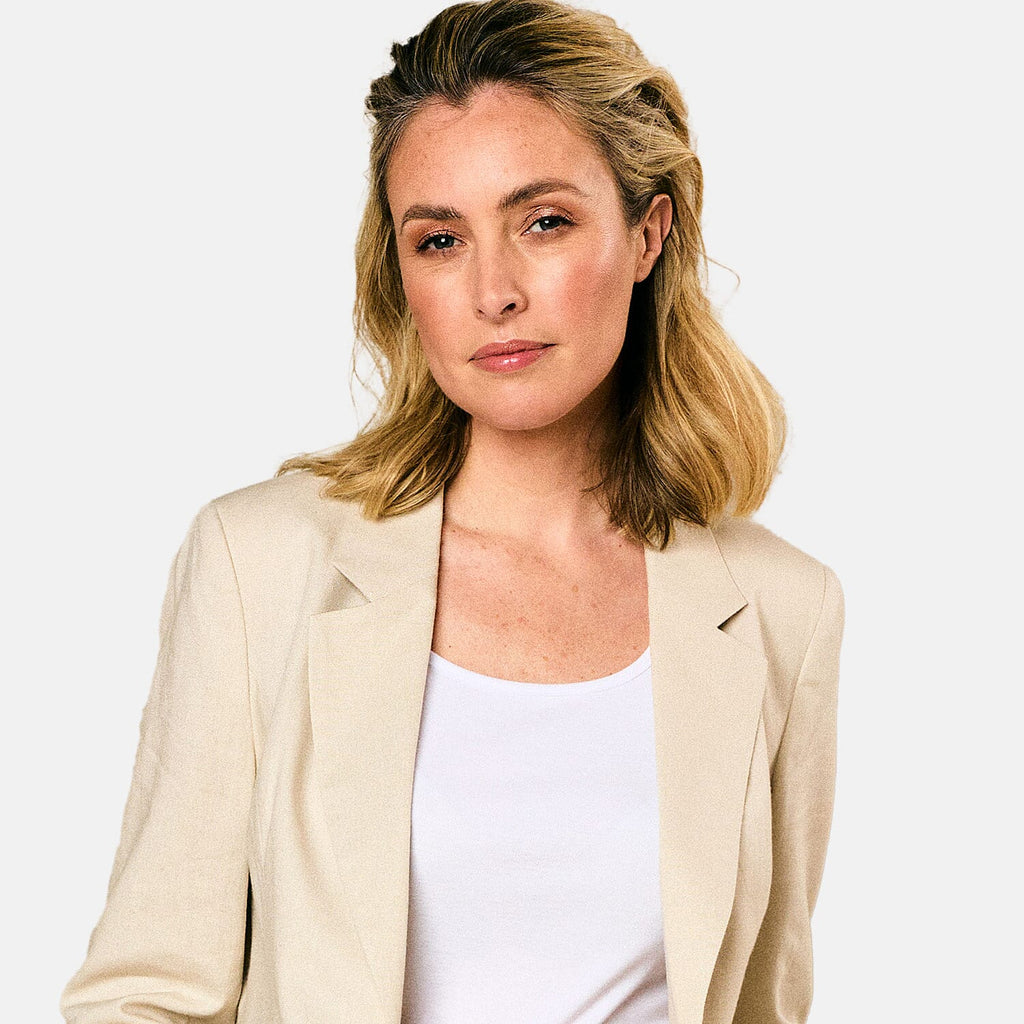 EMRECO Tailored Linen Open Front Blazer (Size 12) - Stone_7762898