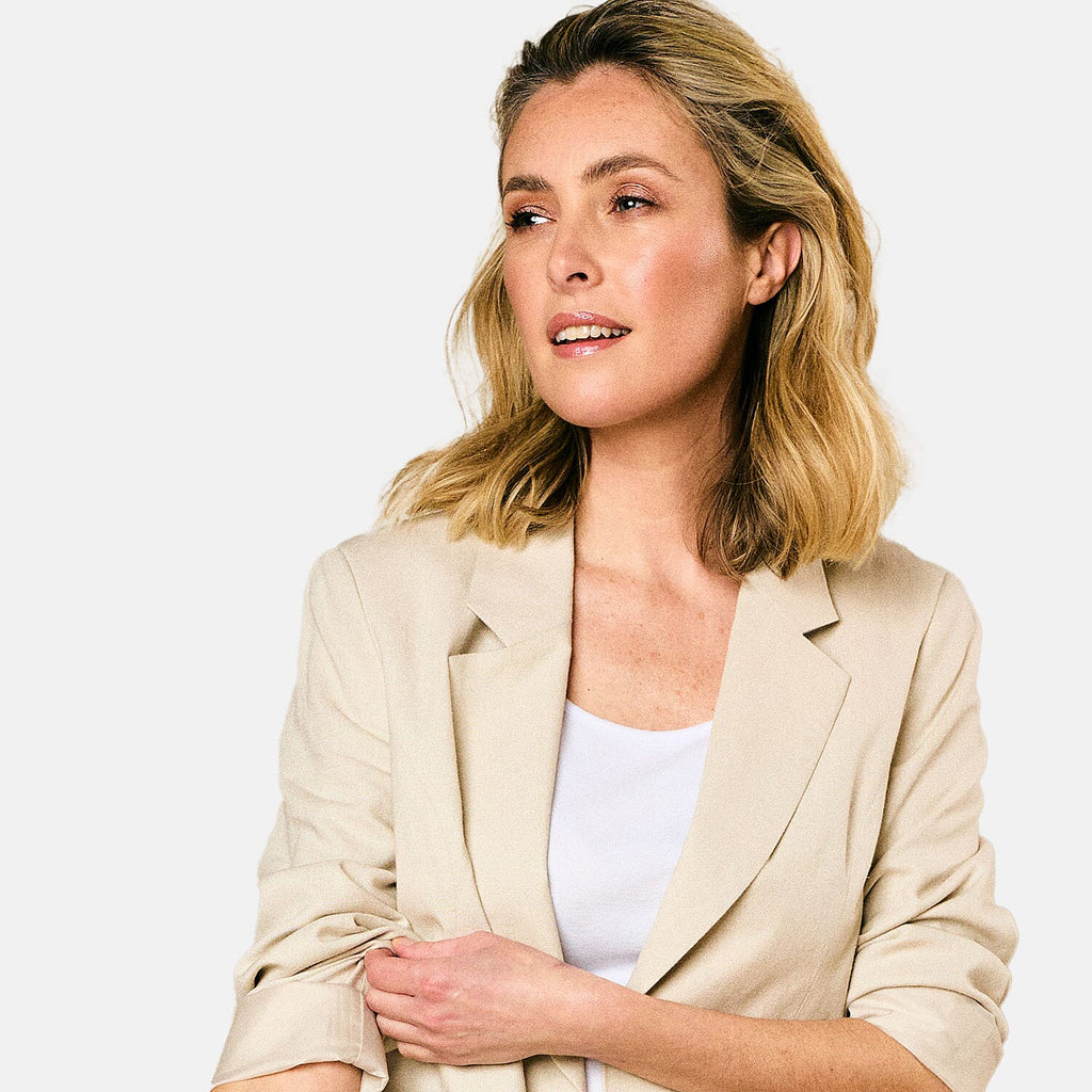 EMRECO Tailored Linen Open Front Blazer (Size 12) - Stone_7762898_1