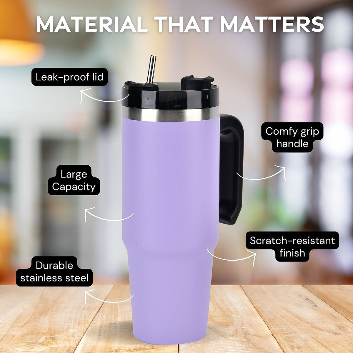 Stainless Steel Tumbler with Straw, Ergonomic Handle &amp; Leak-Proof Lid - Purple - 850ml 7763691 2