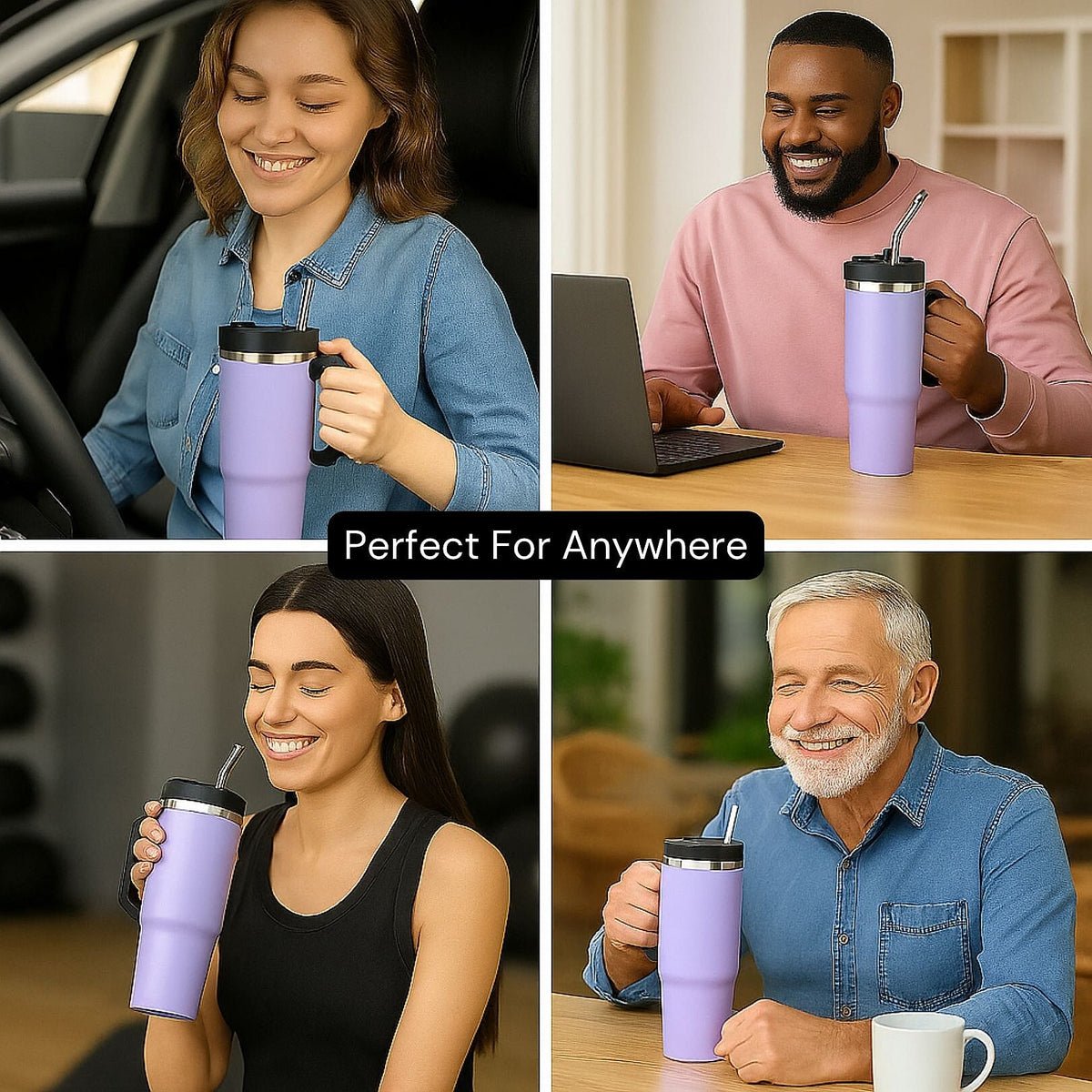 Stainless Steel Tumbler with Straw, Ergonomic Handle &amp; Leak-Proof Lid - Purple - 850ml 7763691 3