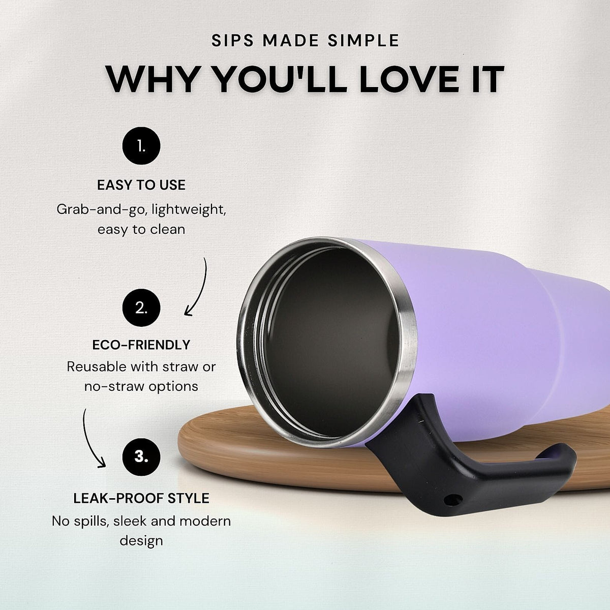Stainless Steel Tumbler with Straw, Ergonomic Handle &amp; Leak-Proof Lid - Purple - 850ml 7763691 4