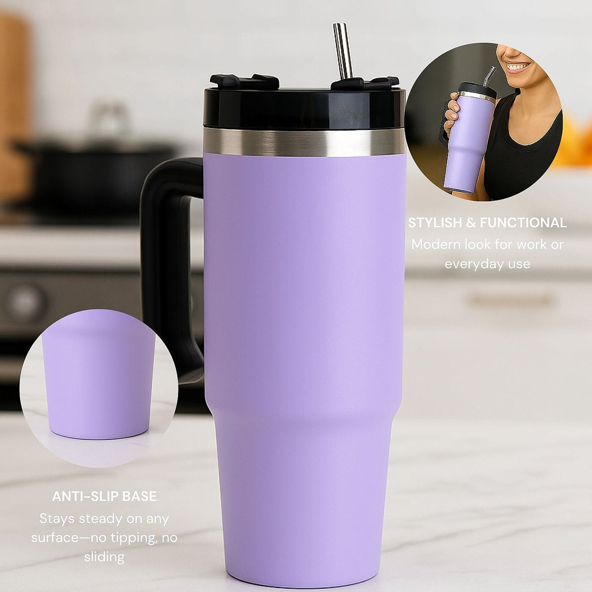 Stainless Steel Tumbler with Straw, Ergonomic Handle &amp; Leak-Proof Lid - Purple - 850ml 7763691 5