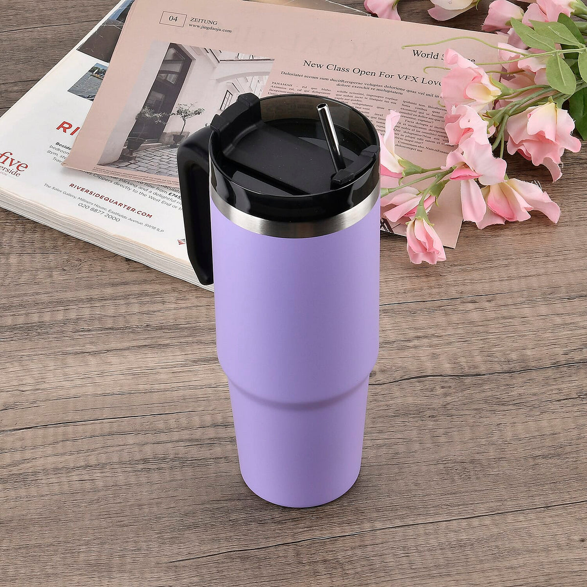 Stainless Steel Tumbler with Straw, Ergonomic Handle &amp; Leak-Proof Lid - Purple - 850ml 7763691 7