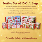 Christmas Gift Bags Set of 16 Style- Santa Claus with Reindeer,  Christmas Tree & Gift.