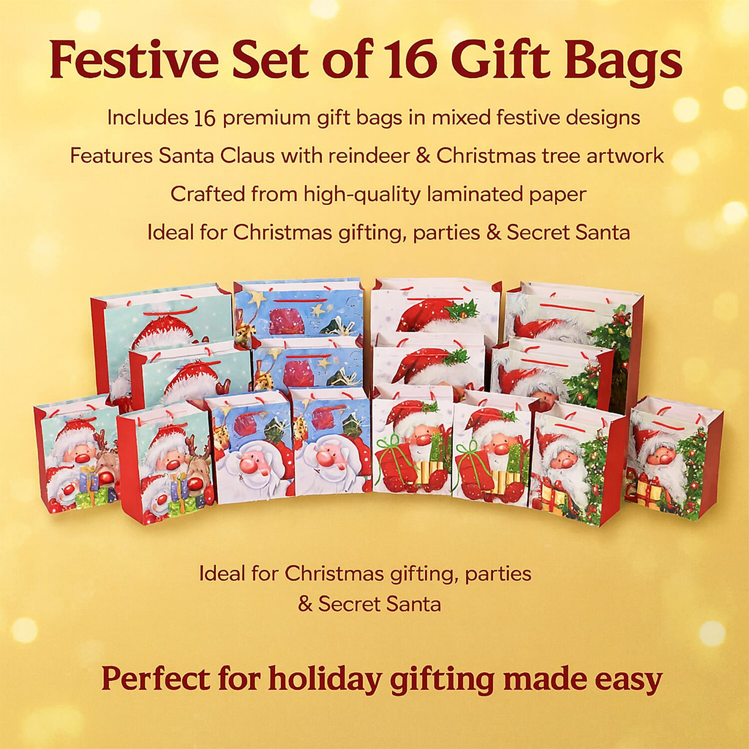 Christmas Gift Bags Set of 16 Style: Santa Claus with Reindeer,  Christmas Tree &amp; Gift. 7765755 1