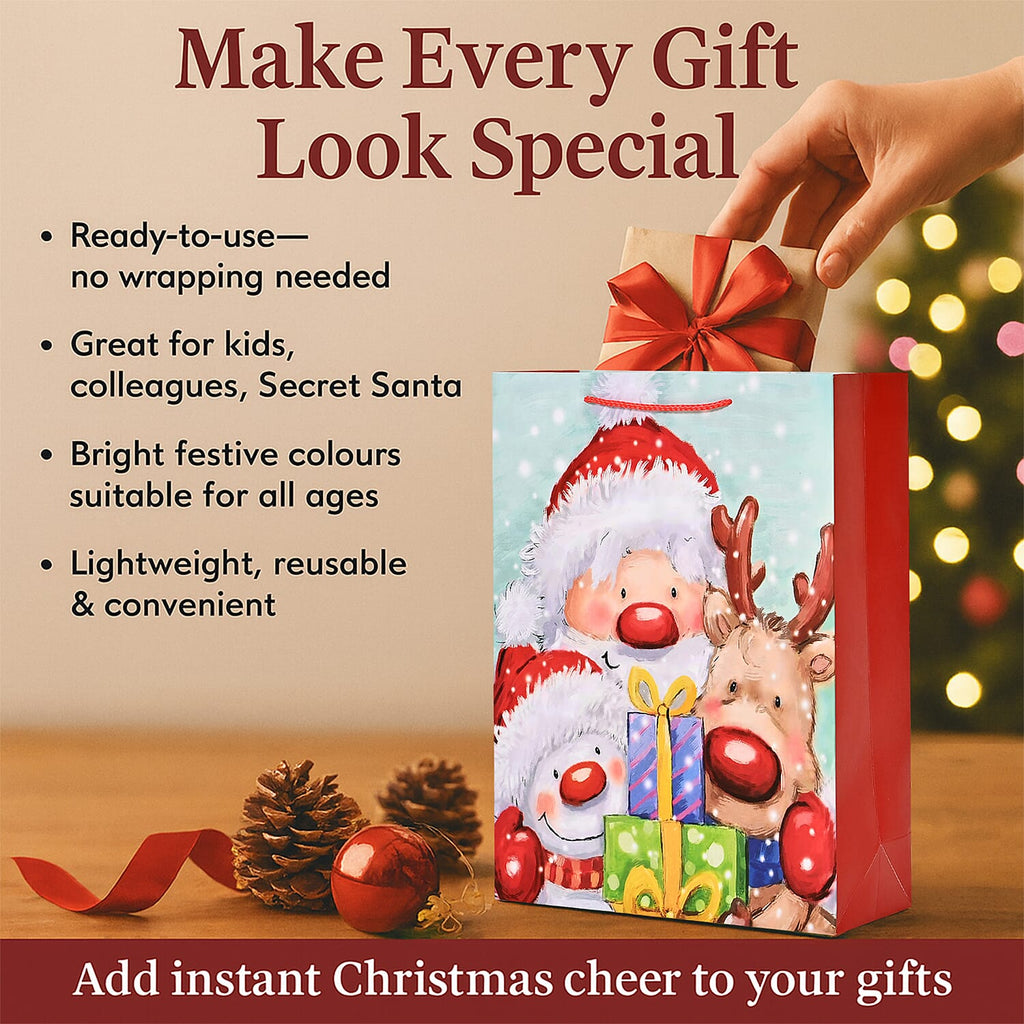 Christmas Gift Bags Set of 16 Style- Santa Claus with Reindeer,  Christmas Tree & Gift.