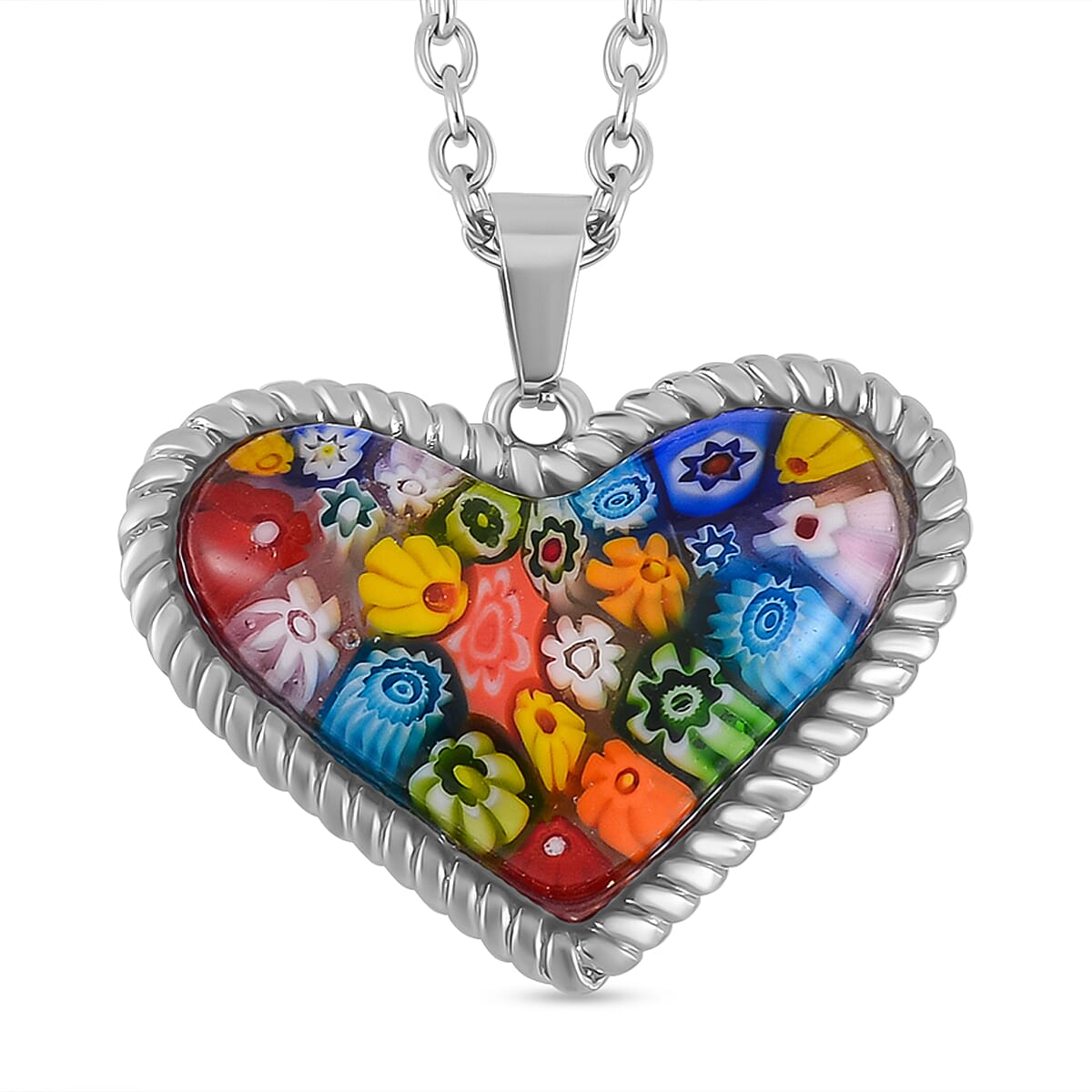 Multi Colour Murano Style Glass Necklace (Size - 24) in Pure White Stainless Steel 7766361 0