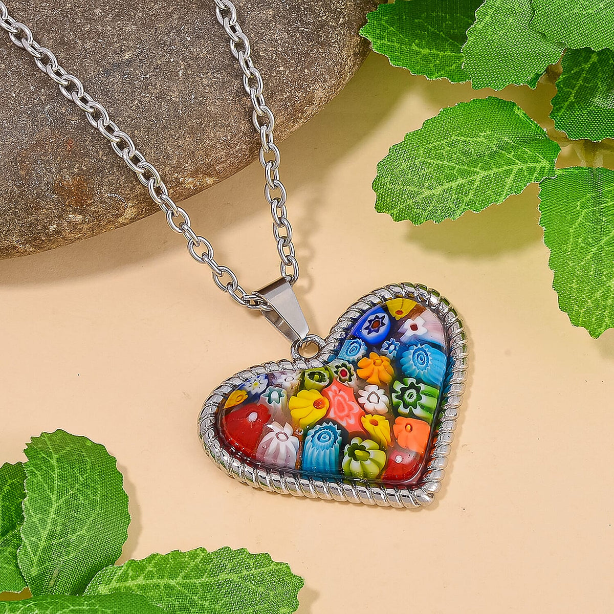 Multi Colour Murano Style Glass Necklace (Size - 24) in Pure White Stainless Steel 7766361 3