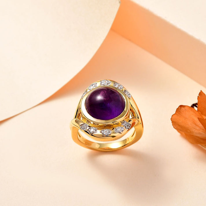 GP Celestial Collection - Amethyst and Natural Zircon Solitaire Ring in 18K Vermeil Yellow Gold Plated Sterling Silver 7.32 Ct, Silver Wt. 6.90 Gms 7767425 2